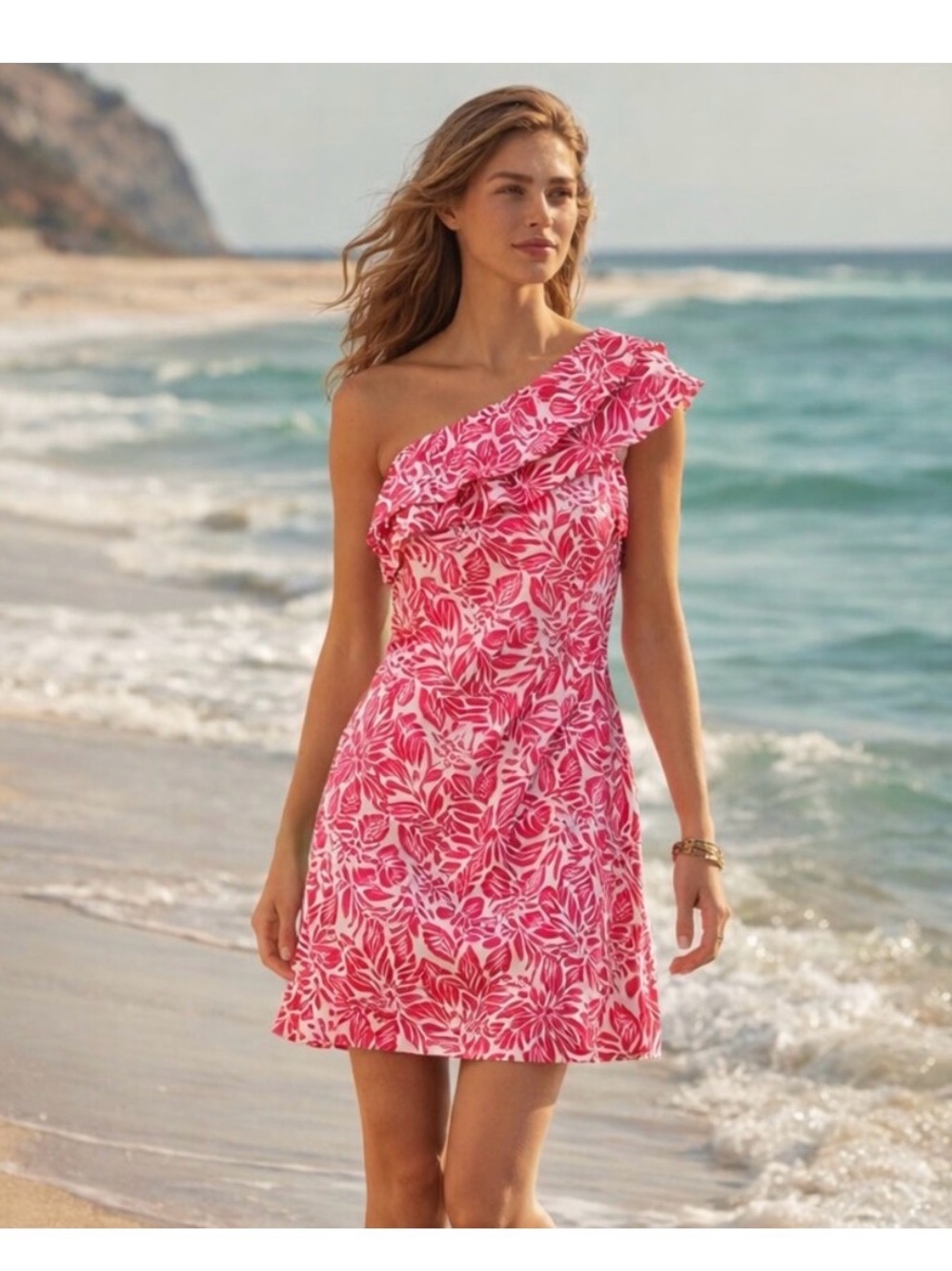 Lilly Pulitzer One-Shoulder Pink Floral Ruffle Dress